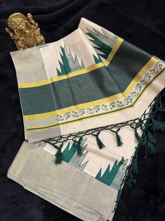 Saree - Gold & Colour with Print along Border & Tassels