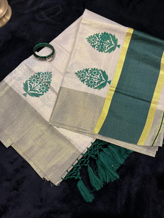 Saree - Gold & Dark Green Border with Tassels