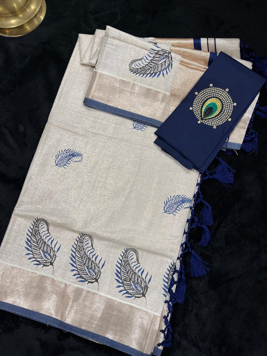 Saree - Rosegold & Navy Blue Border with Paisley Print & Tassels