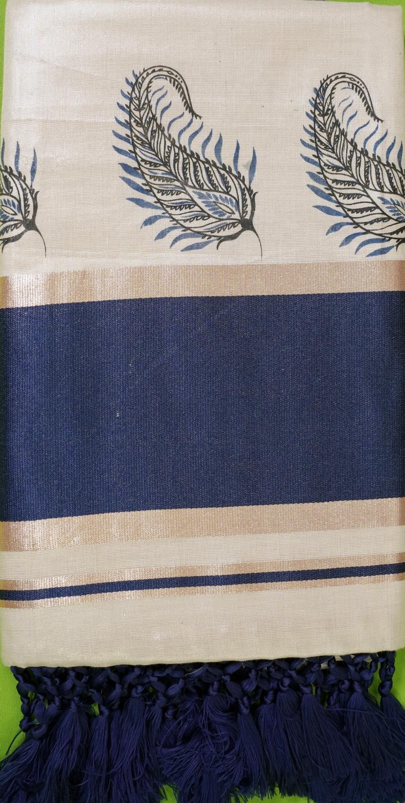 Saree - Rosegold & Navy Blue Border with Paisley Print & Tassels