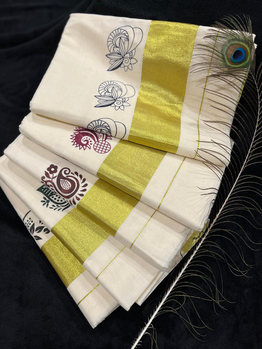 Saree - Gold Kasavu with Prints along Border