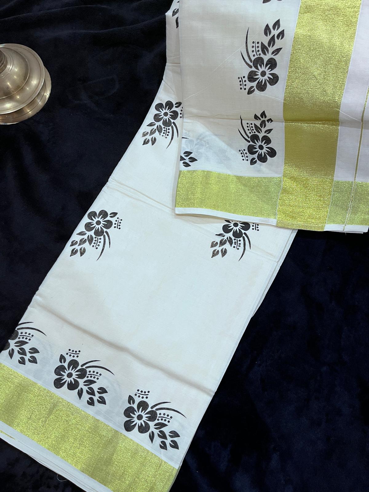 Saree - Gold Kasavu with Prints along Border