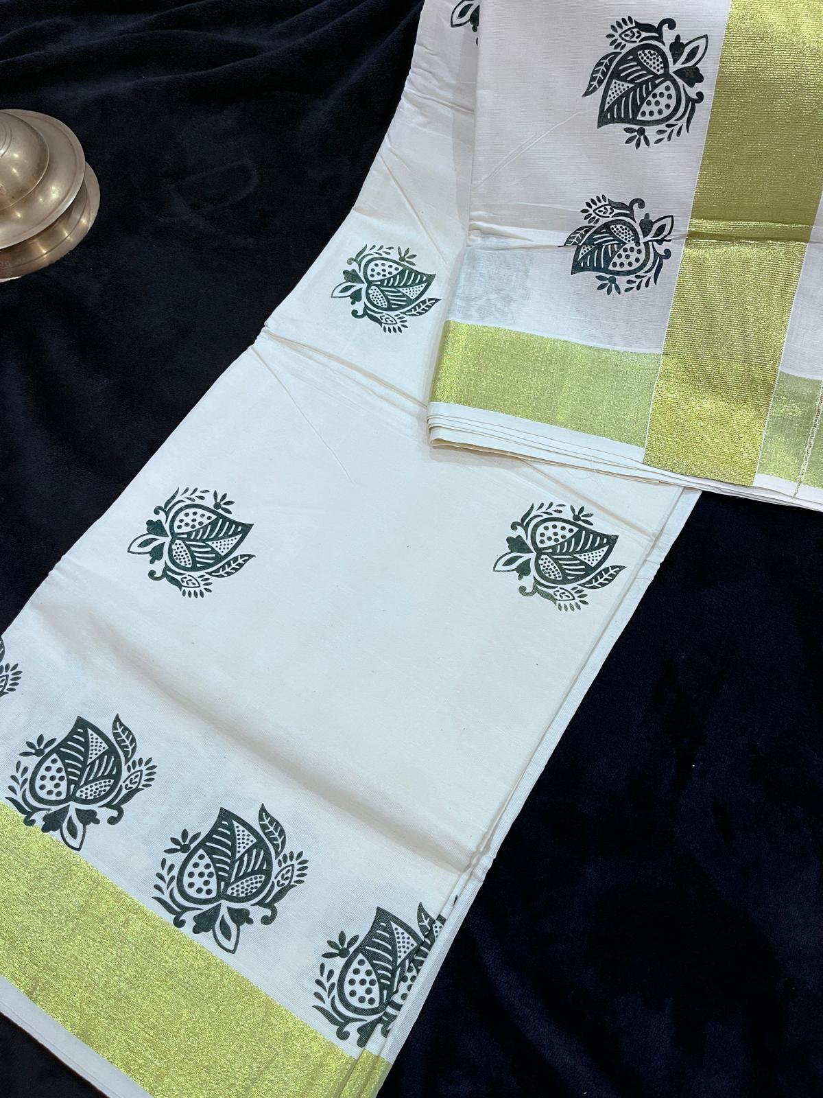 Saree - Gold Kasavu with Prints along Border
