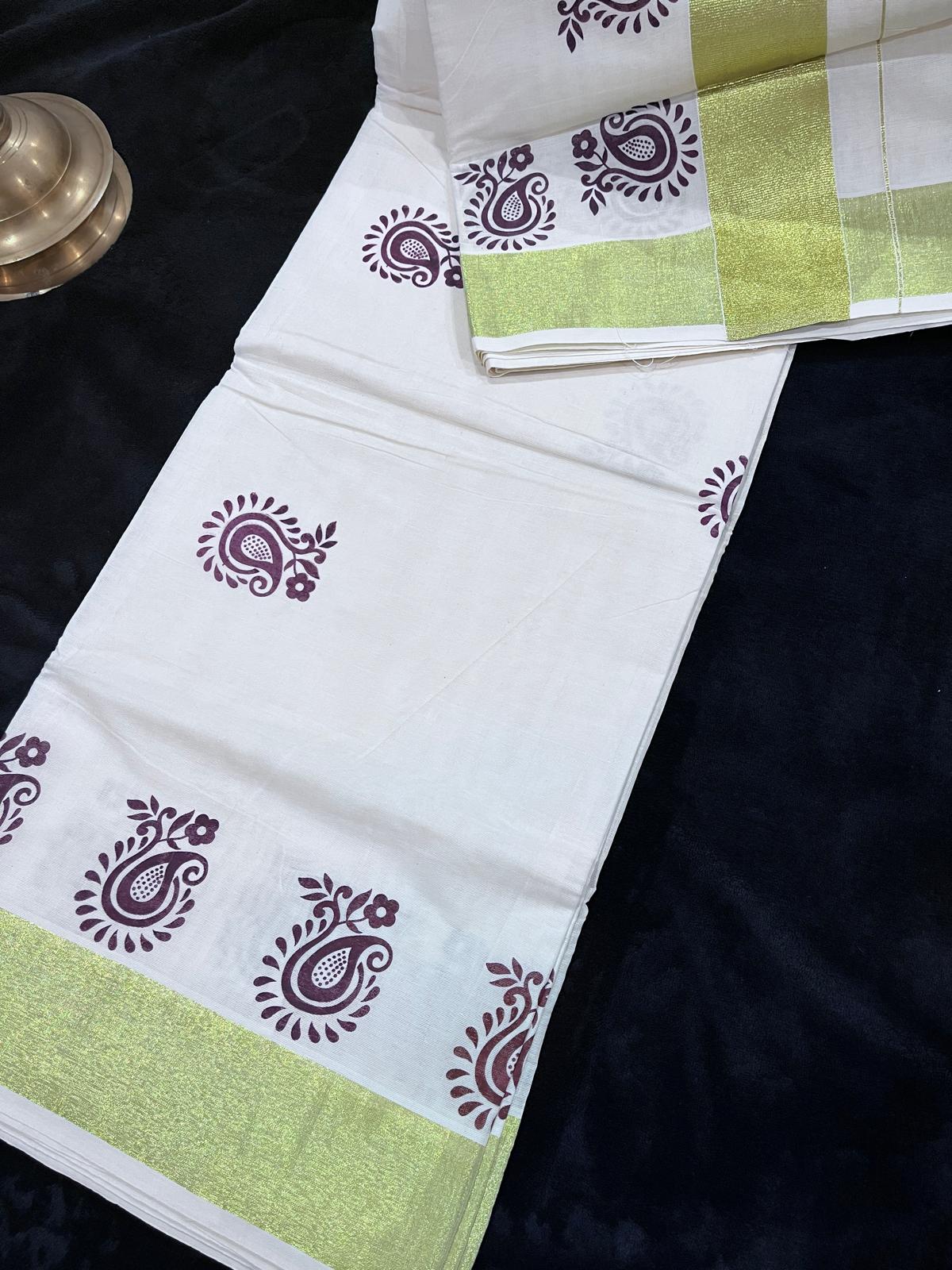 Saree - Gold Kasavu with Prints along Border