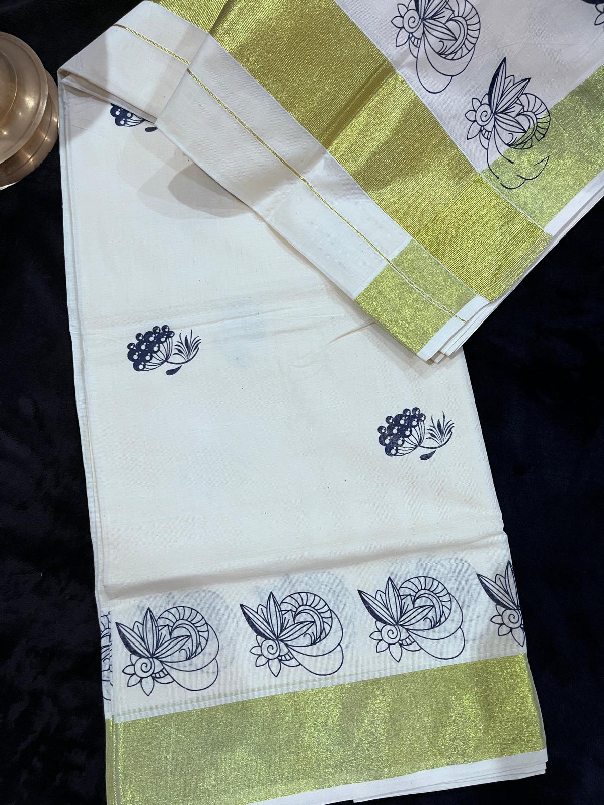 Saree - Gold Kasavu with Prints along Border