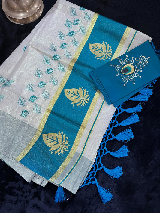 Saree - Gold & Peacock Green Border with Tassels