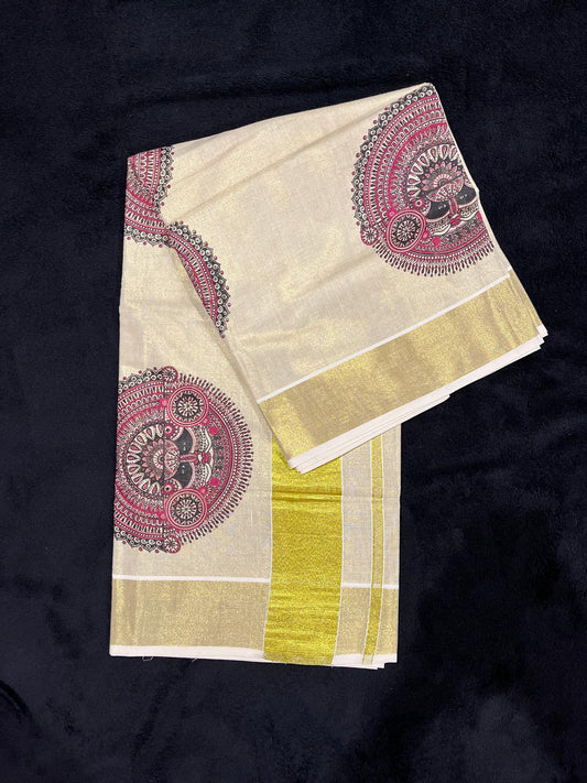 Saree - Gold Kasavu with Pink Theyyam