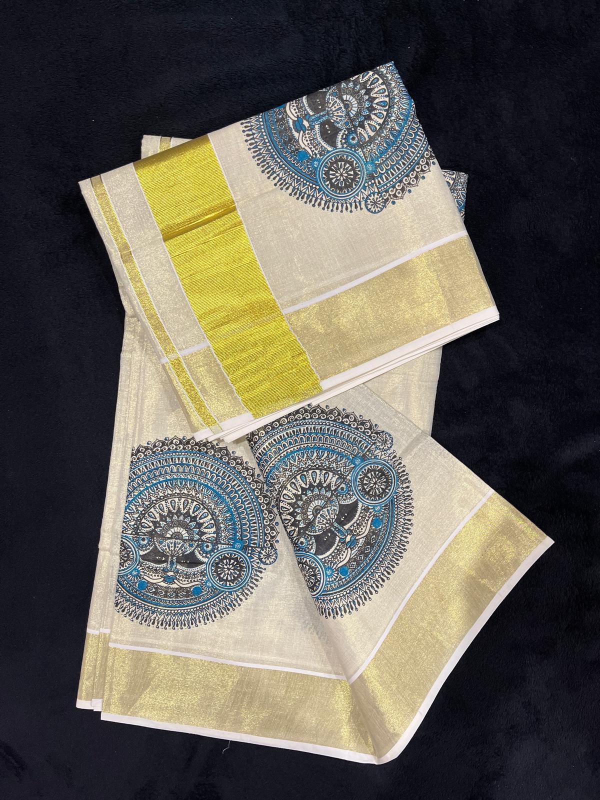 Saree - Gold Kasavu with Blue Theyyam