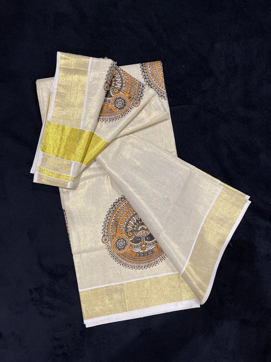 Saree - Gold Kasavu with Orange Theyyam