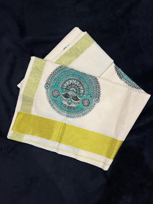 Saree - Gold Kasavu with Green Theyyam