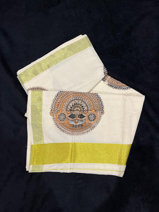 Saree - Gold Kasavu with Orange Theyyam