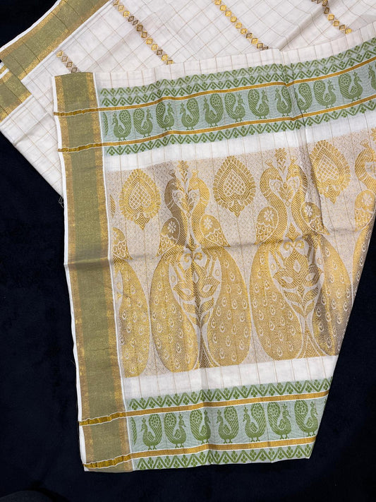 Saree - Gold & Olive Green Border with Peacock Design