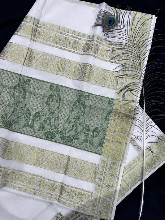 Saree - Gold Border with Olive Green Baby Krishna Design