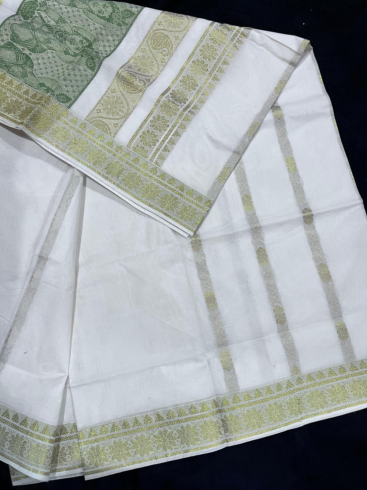 Saree - Gold Border with Olive Green Baby Krishna Design