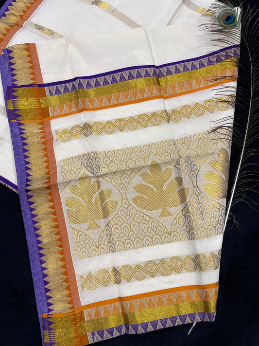 Saree - Gold Border with Purple & Orange Temple Design