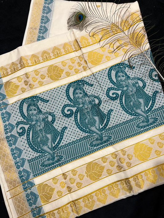 Saree - Gold & Teal Jacquard Border with Krishna on Pallu