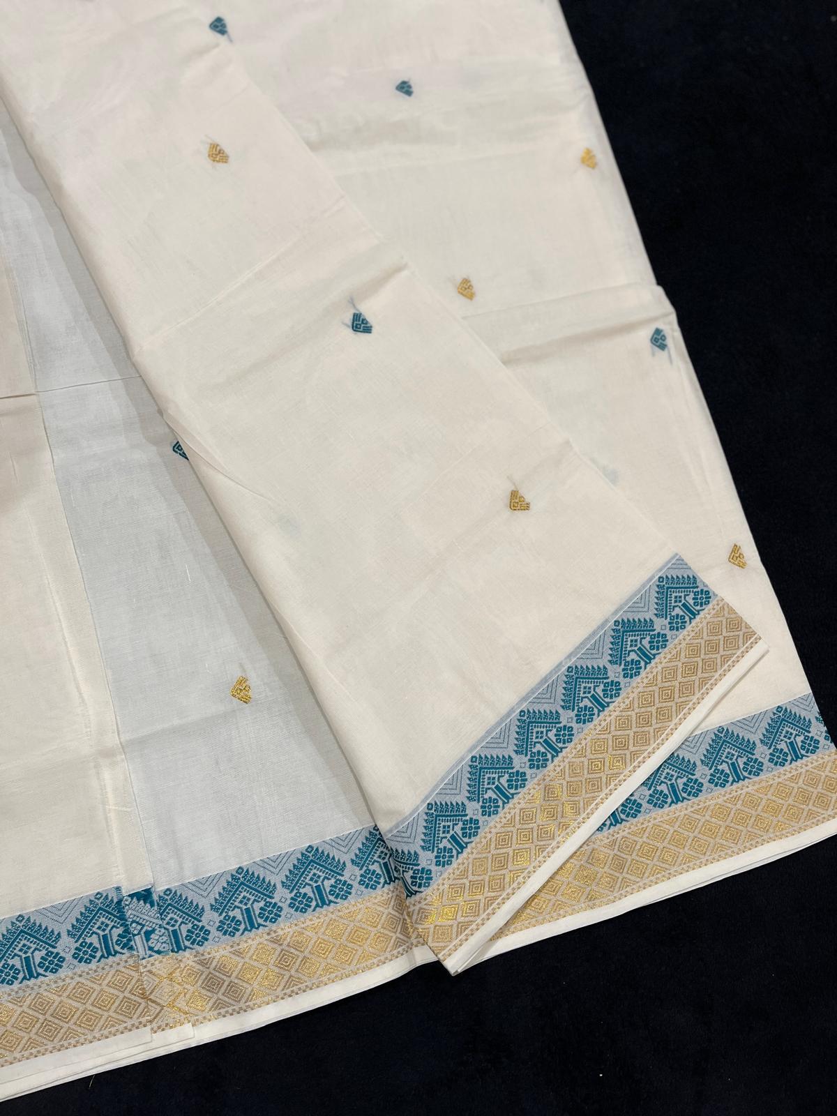 Saree - Gold & Teal Jacquard Border with Krishna on Pallu