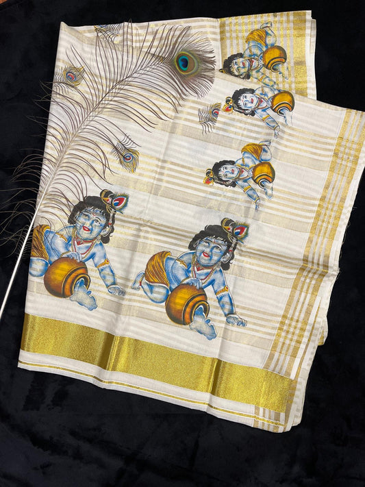 Saree - Gold Kasavu with Baby Krishna Print
