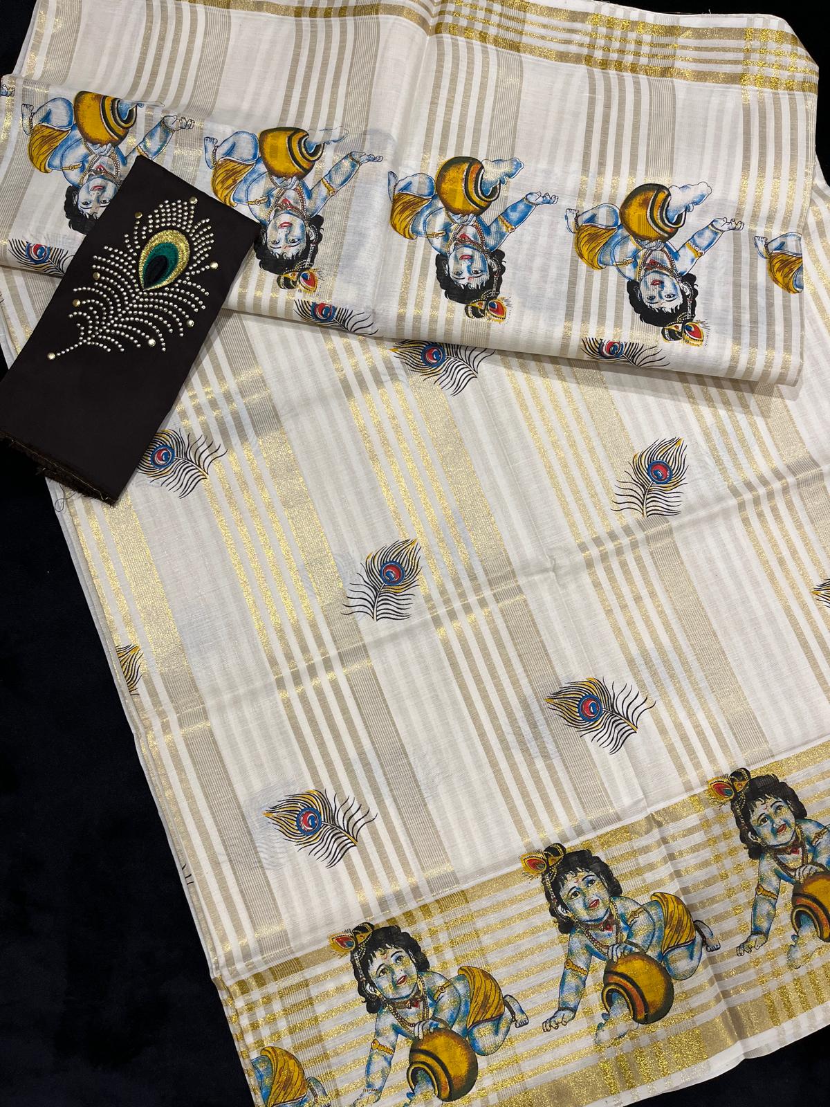 Saree - Gold Kasavu with Baby Krishna Print