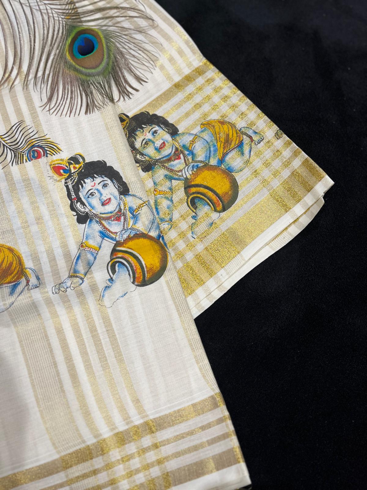 Saree - Gold Kasavu with Baby Krishna Print