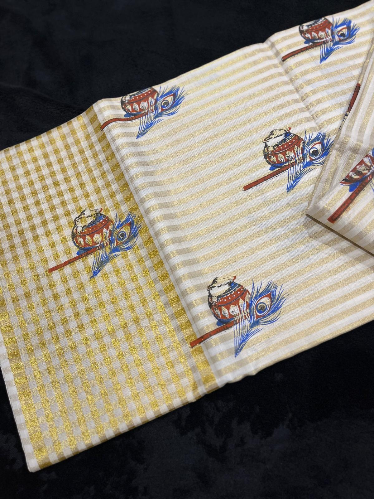 Saree - Gold Kasavu with Pot, Flute & Feather Print