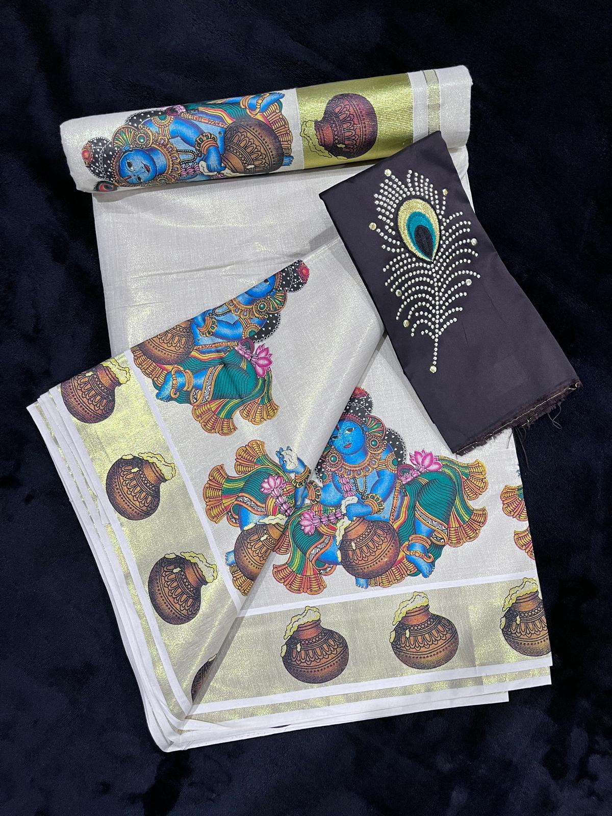 Saree - Gold Kasavu with Krishna Print