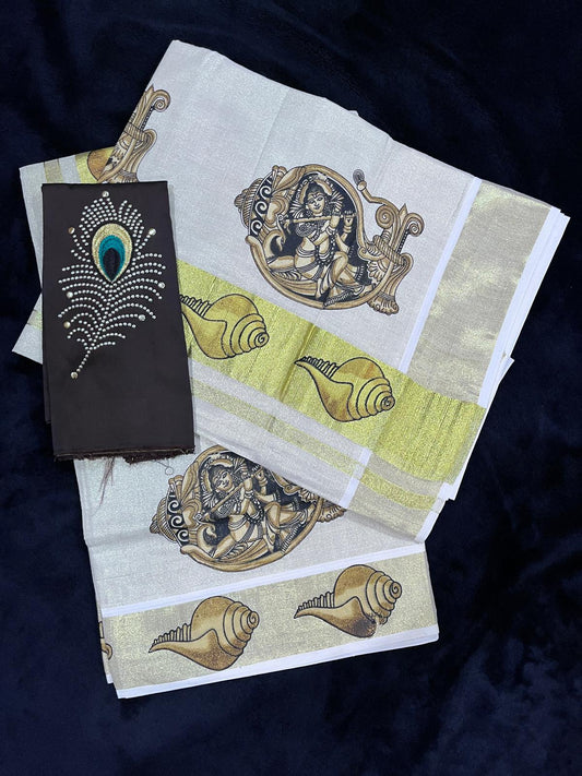 Saree - Gold Kasavu with Krishna & Conch Print