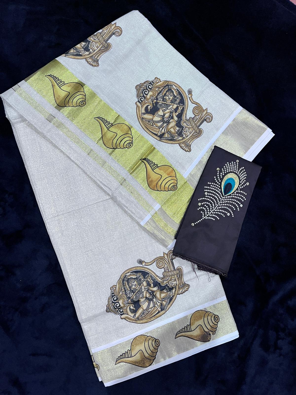 Saree - Gold Kasavu with Krishna & Conch Print