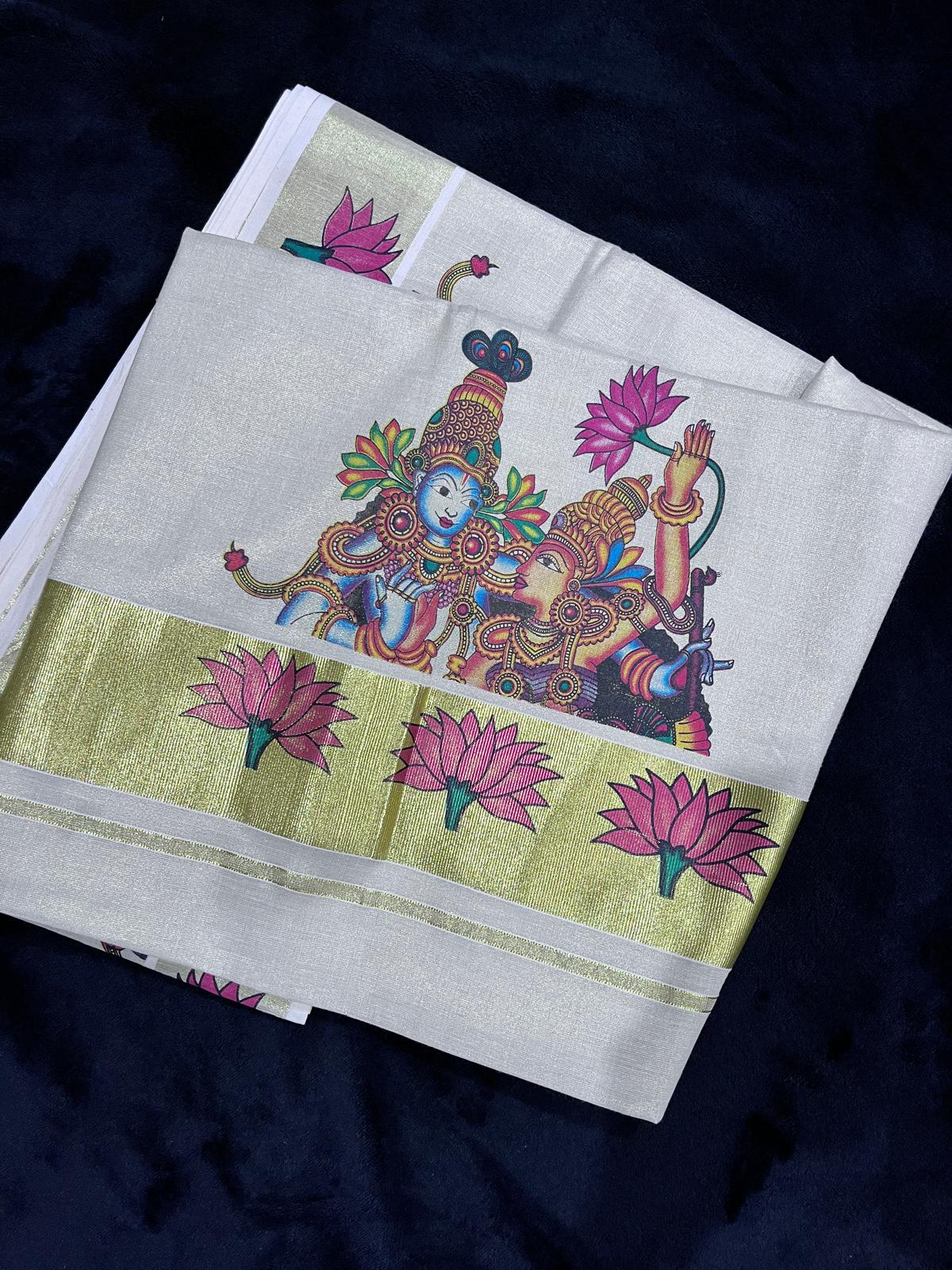 Saree - Gold Kasavu with Radhakrishna Print