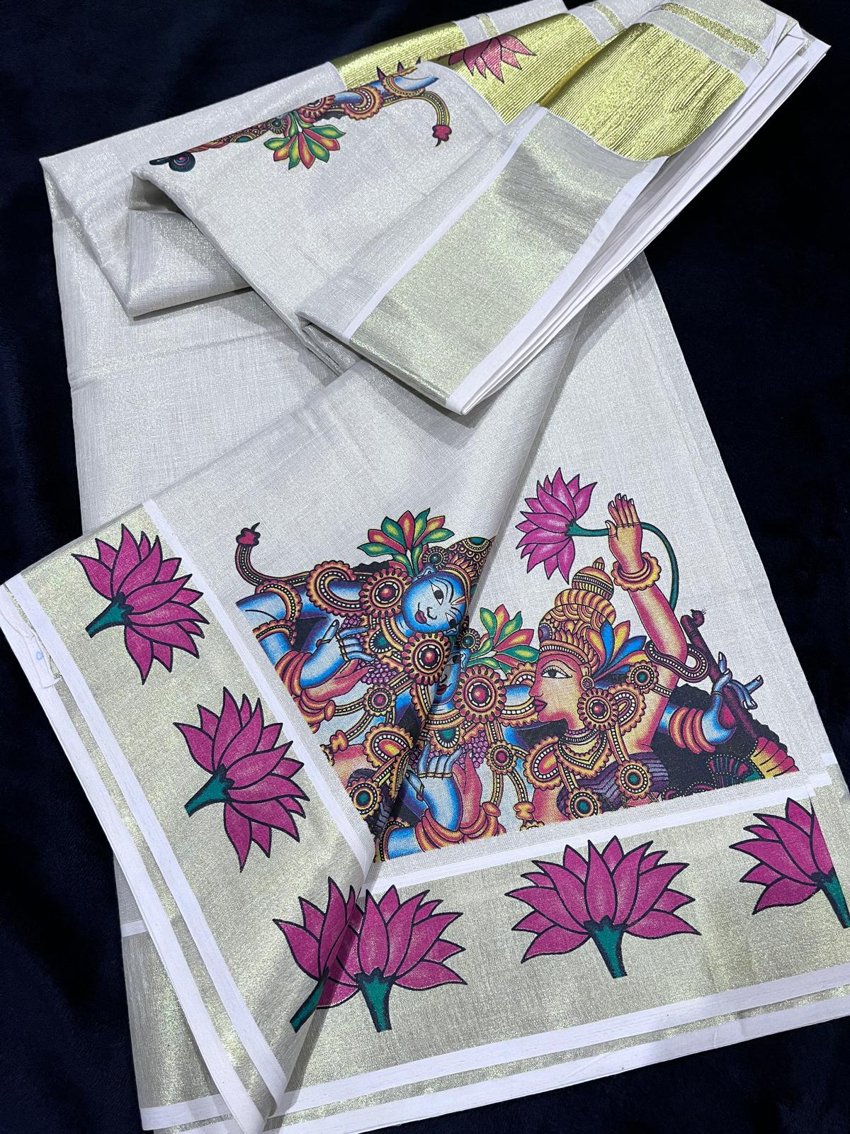 Saree - Gold Kasavu with Radhakrishna Print