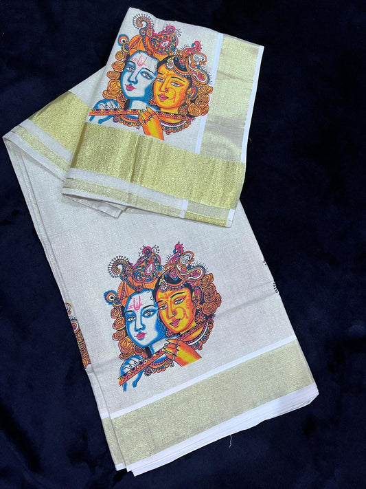 Saree - Gold Kasavu with Radhakrishna Print