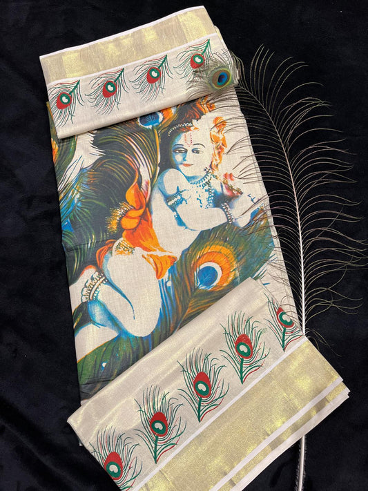 Saree - Gold Kasavu with Krishna & Peacock Feather on Pallu