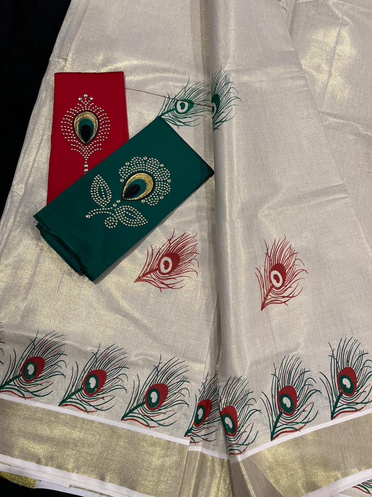 Saree - Gold Kasavu with Krishna & Peacock Feather on Pallu