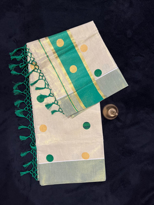 Saree - Gold & Green Border with Polka Dots & Tassels