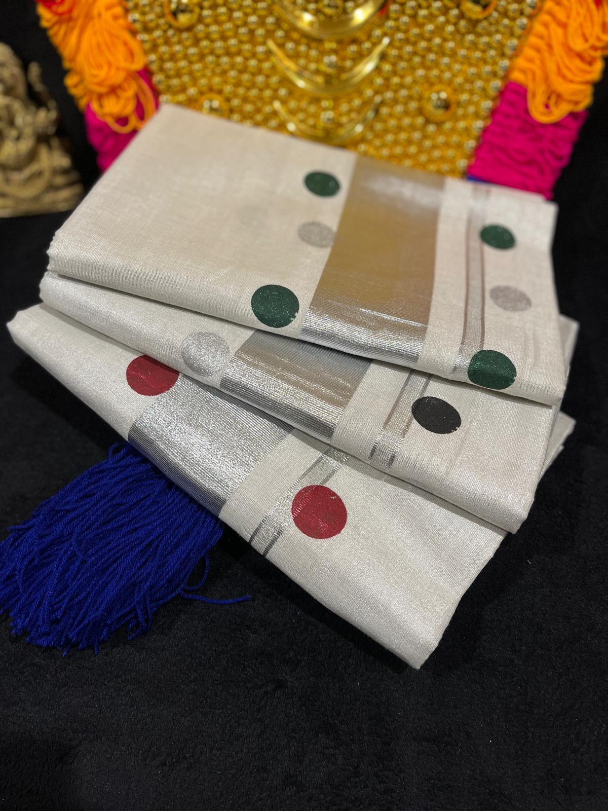 Saree - Silver Kasavu with Polka Dots