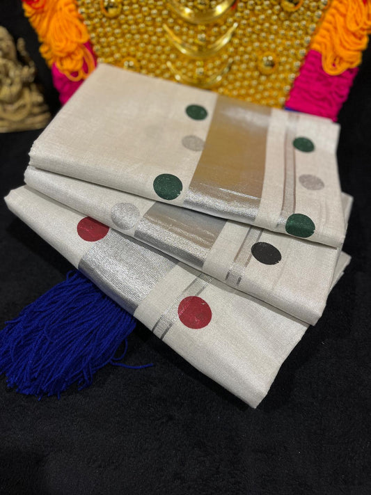 Saree - Silver Kasavu with Polka Dots