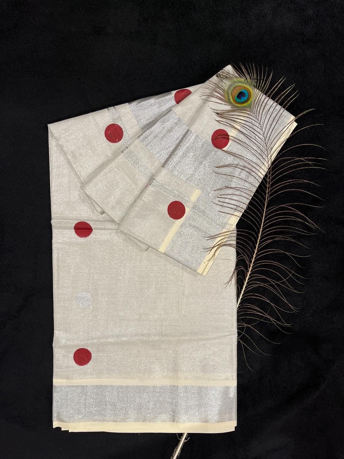 Saree - Silver Kasavu with Polka Dots