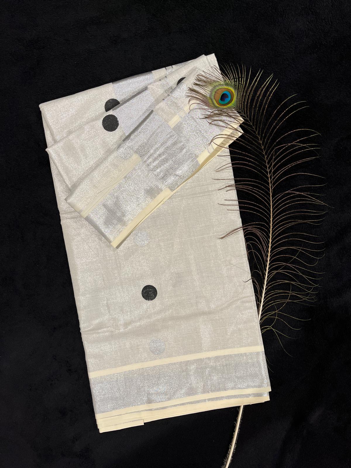 Saree - Silver Kasavu with Polka Dots