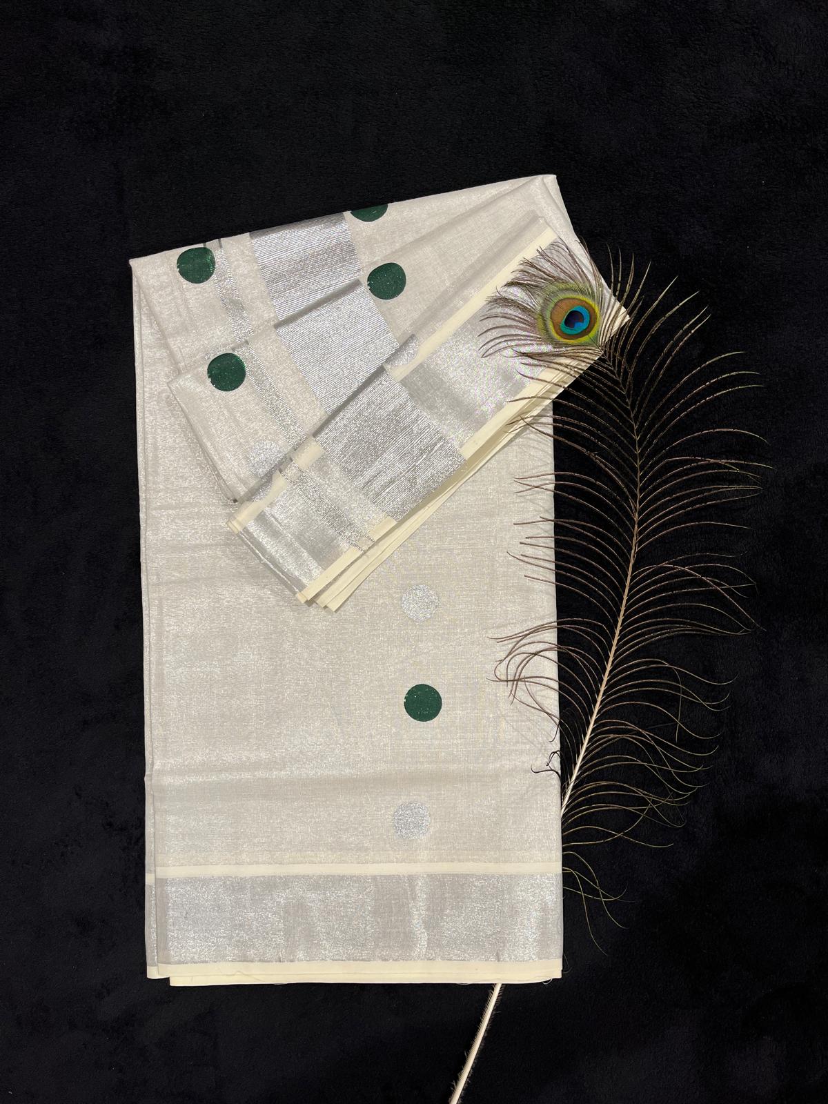 Saree - Silver Kasavu with Polka Dots
