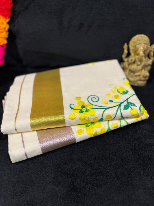 Saree - Kasavu Border with Flower Embroidery