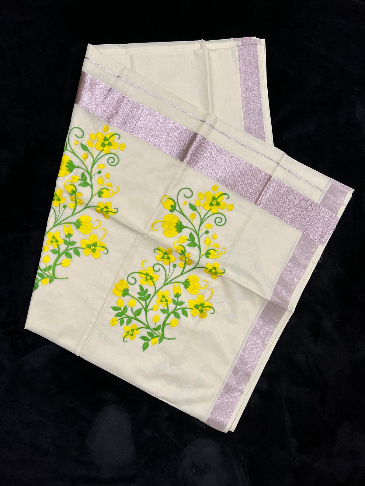 Saree - Kasavu Border with Flower Embroidery