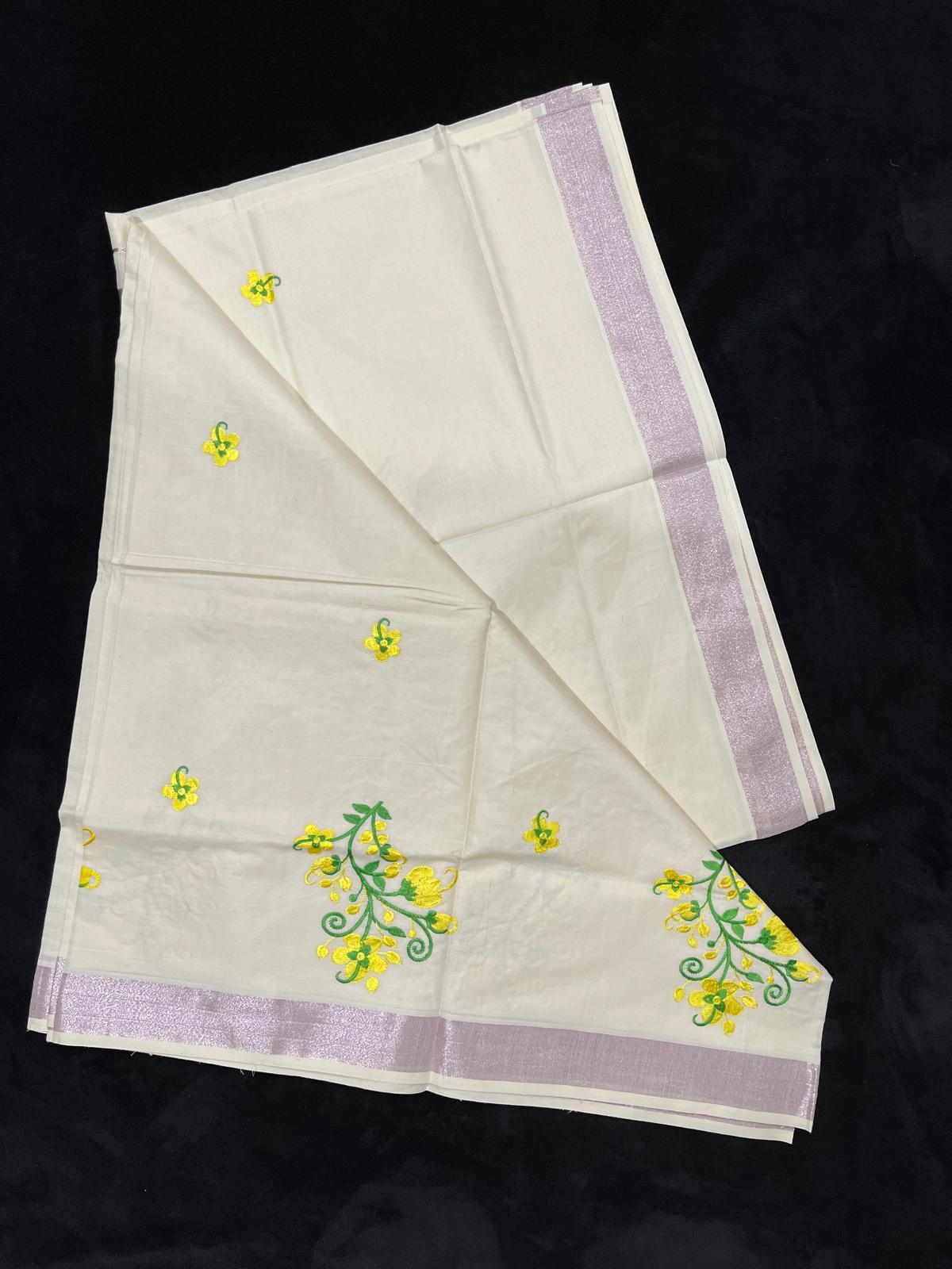 Saree - Kasavu Border with Flower Embroidery