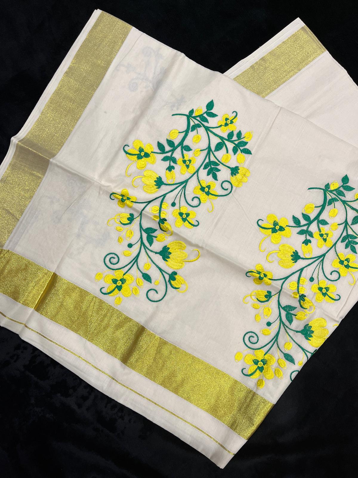Saree - Kasavu Border with Flower Embroidery