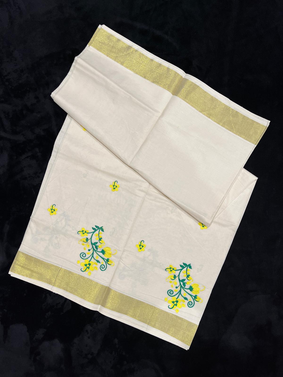 Saree - Kasavu Border with Flower Embroidery