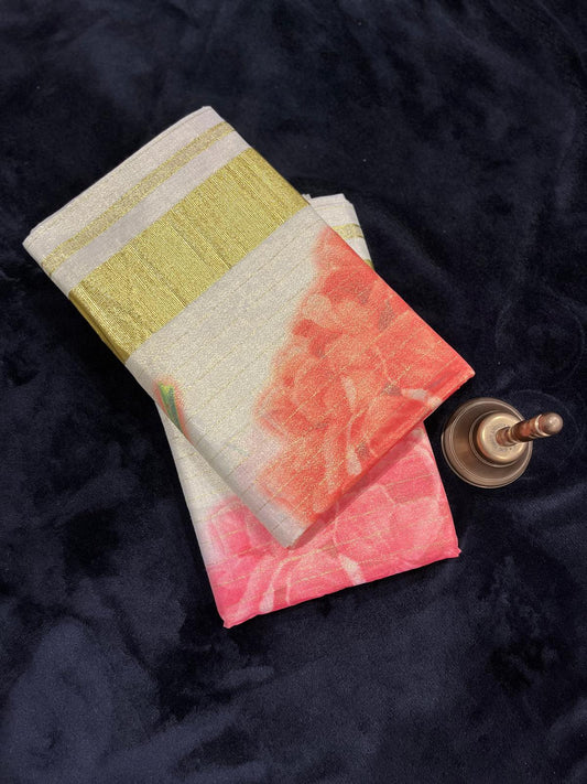 Saree - Gold Kasavu with Digital Flower Prints