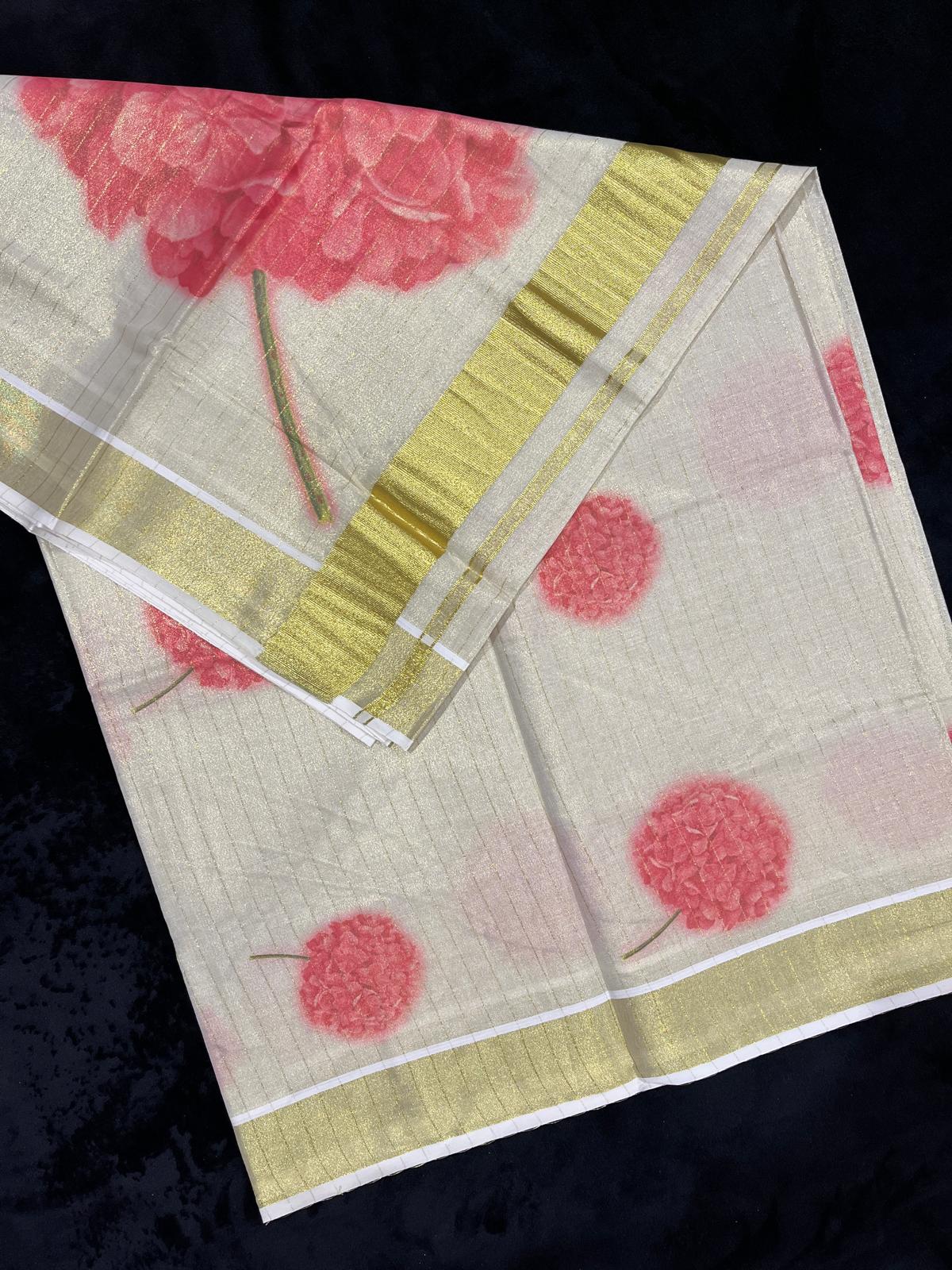 Saree - Gold Kasavu with Digital Flower Prints