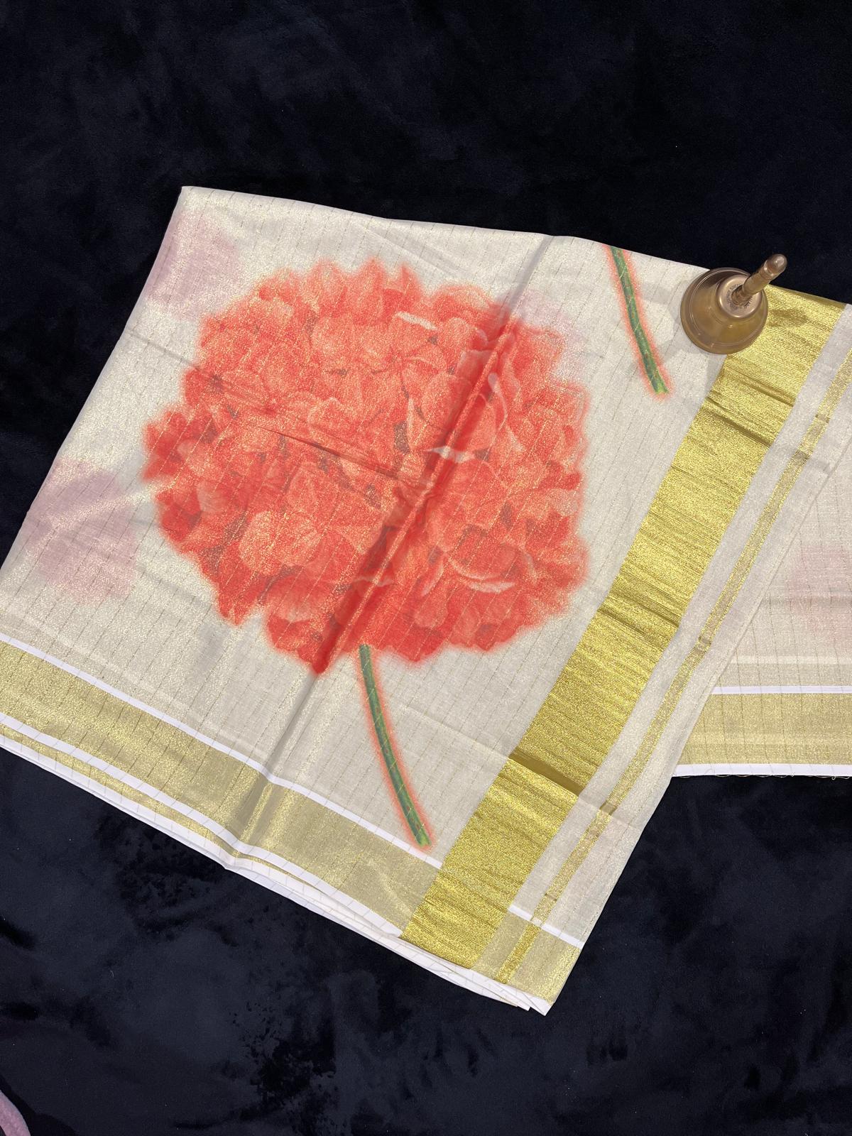 Saree - Gold Kasavu with Digital Flower Prints