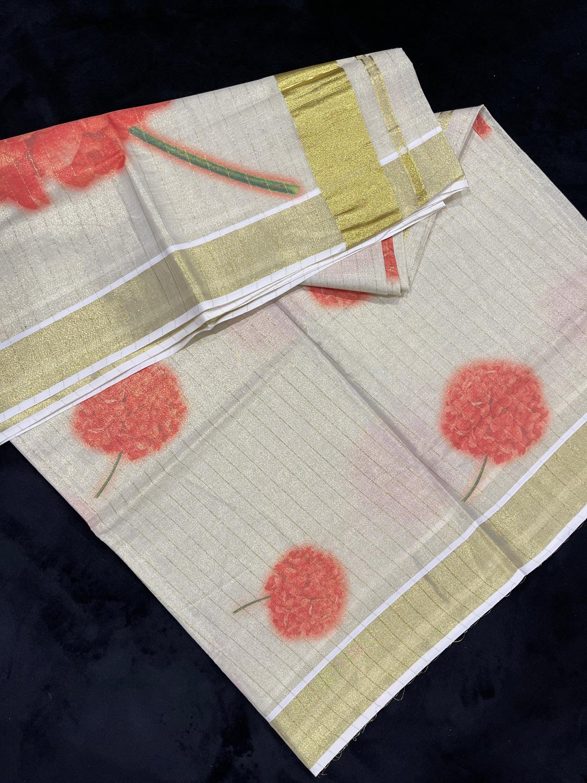 Saree - Gold Kasavu with Digital Flower Prints