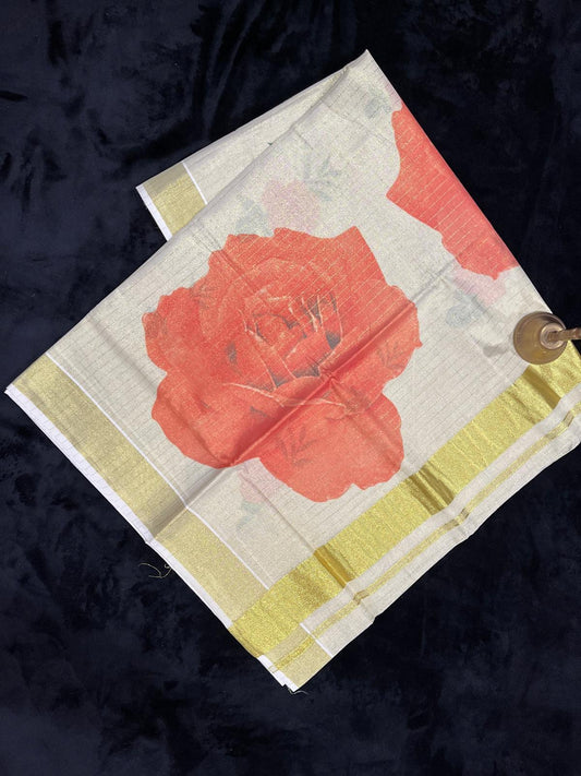 Saree - Gold Kasavu with Digital Rose Flower Prints