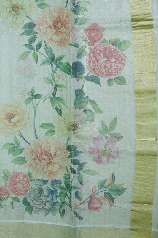 Saree - Gold Kasavu with Digital Flower Print